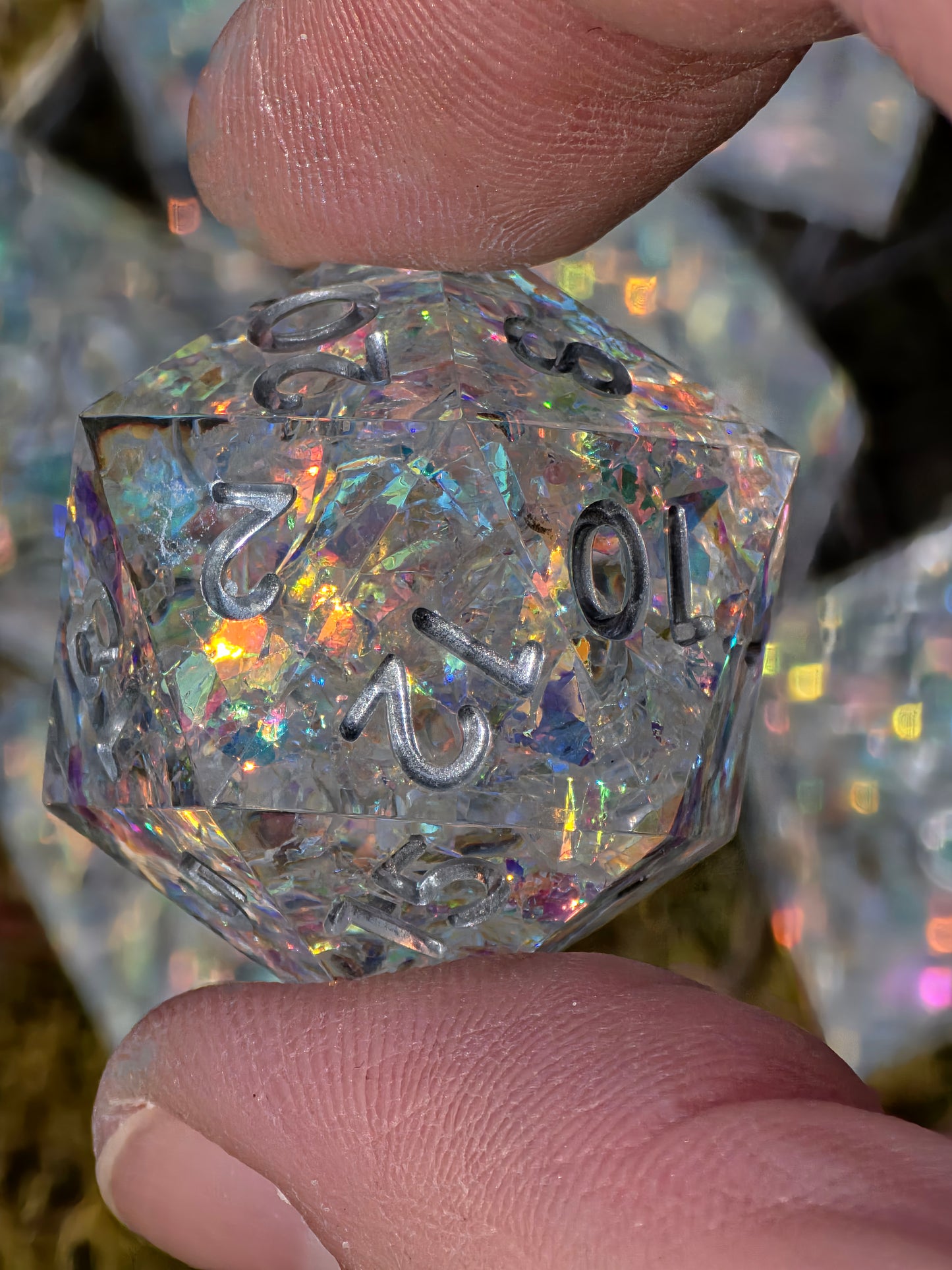 Iridescent Opal Dice Set – Clear Resin DnD Dice with Rainbow Flakes, Prism Light Effect, Sharp Edge Fantasy Dice, Handmade TTRPG Set