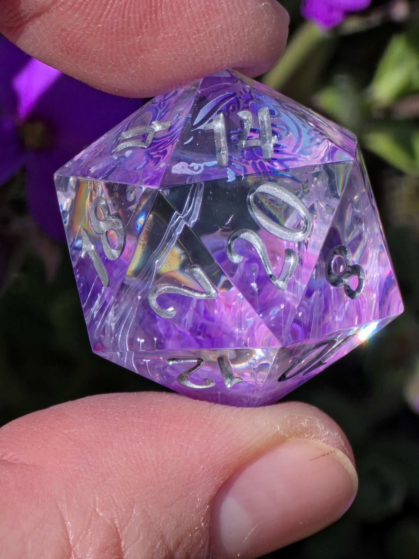 Fantasy Dragon Dice Set – Purple Pink Petri Resin Dice with Dragon Inside, Sharp Edge DnD Dice, Handmade TTRPG Dice