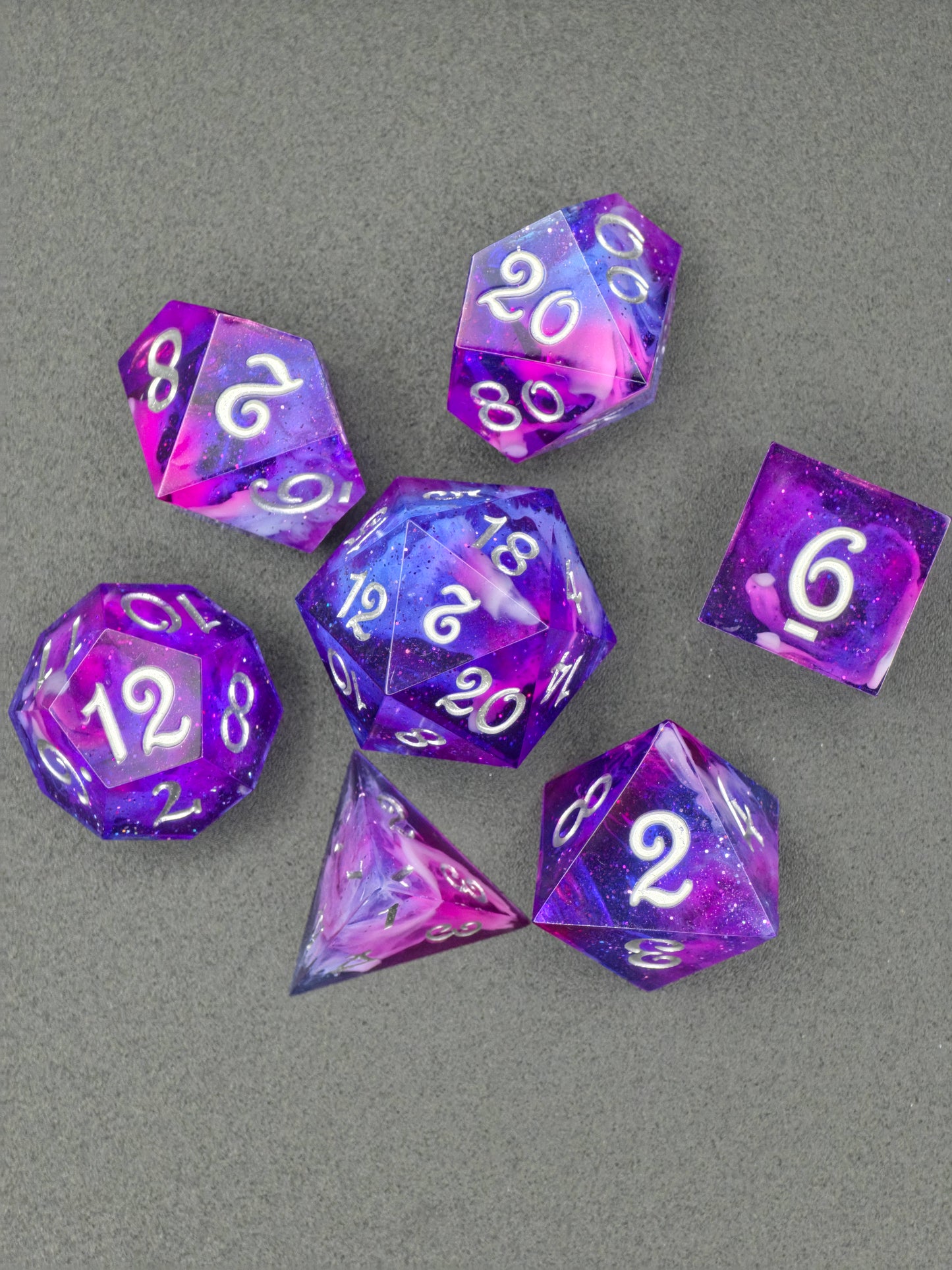 Nebula Heart Galaxy – Polyhedral Dice Set | Pink-Purple-Blue Galaxy &amp; Cloud Petri Effect | Resin D&amp;D Dice Set with Silver Numbers | Handmade