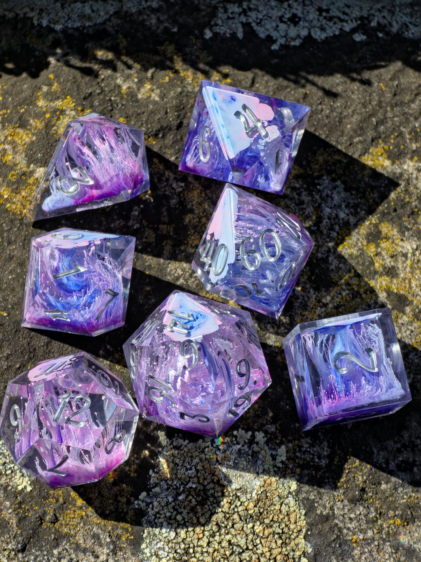 Petri Effect Dice Set – Pink Purple Blue Resin DnD Dice, Cloud Fantasy Dice, Sharp Edge Handmade TTRPG Dice Set, Galaxy Dice