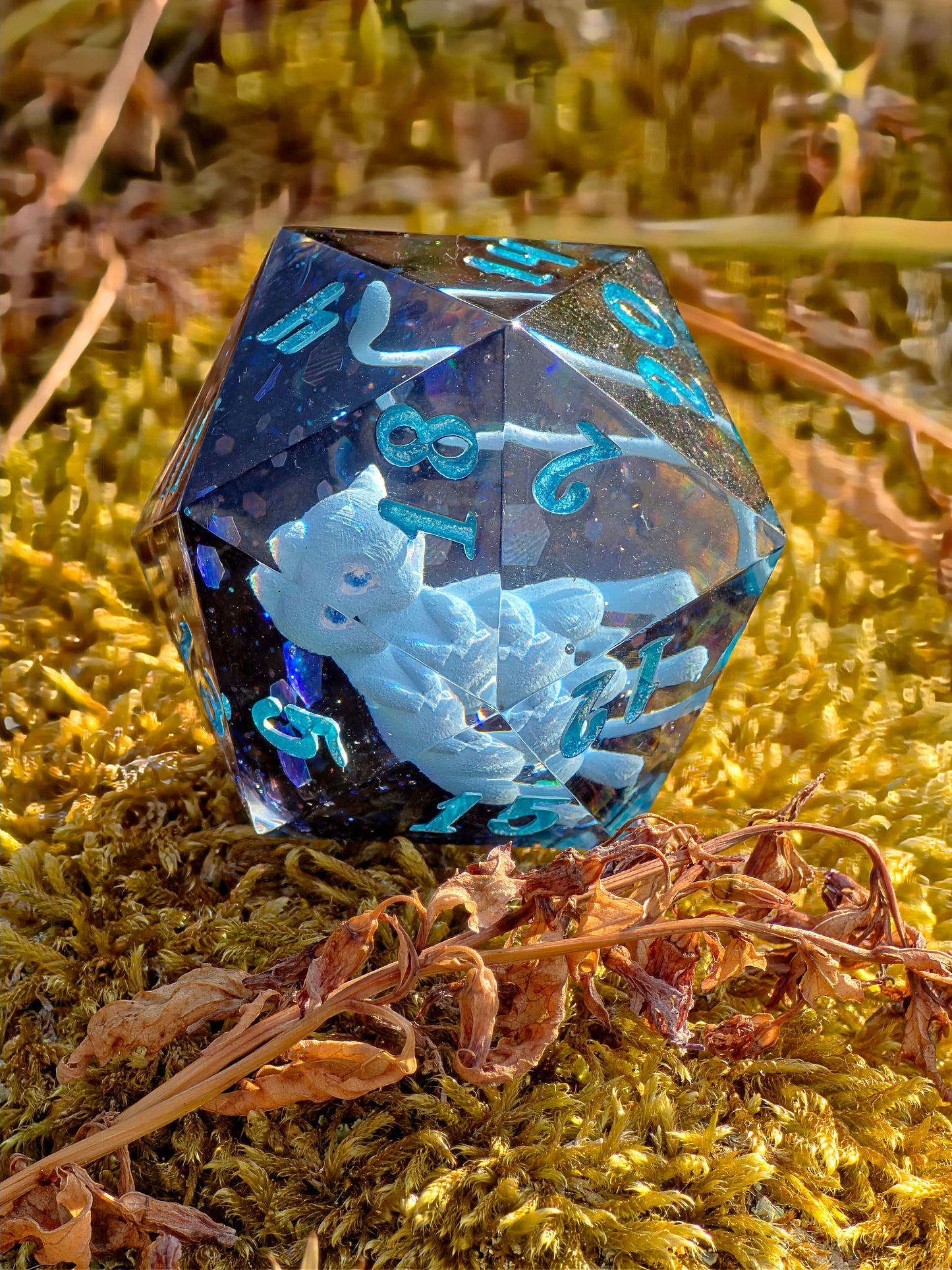 Shiny Mew's Stardust Shiny Mew D20 35mm – Pokémon Inspired Handmade Resin Dice | Custom Sharp Edge Chonk D20 for DnD, RPG & Collectors
