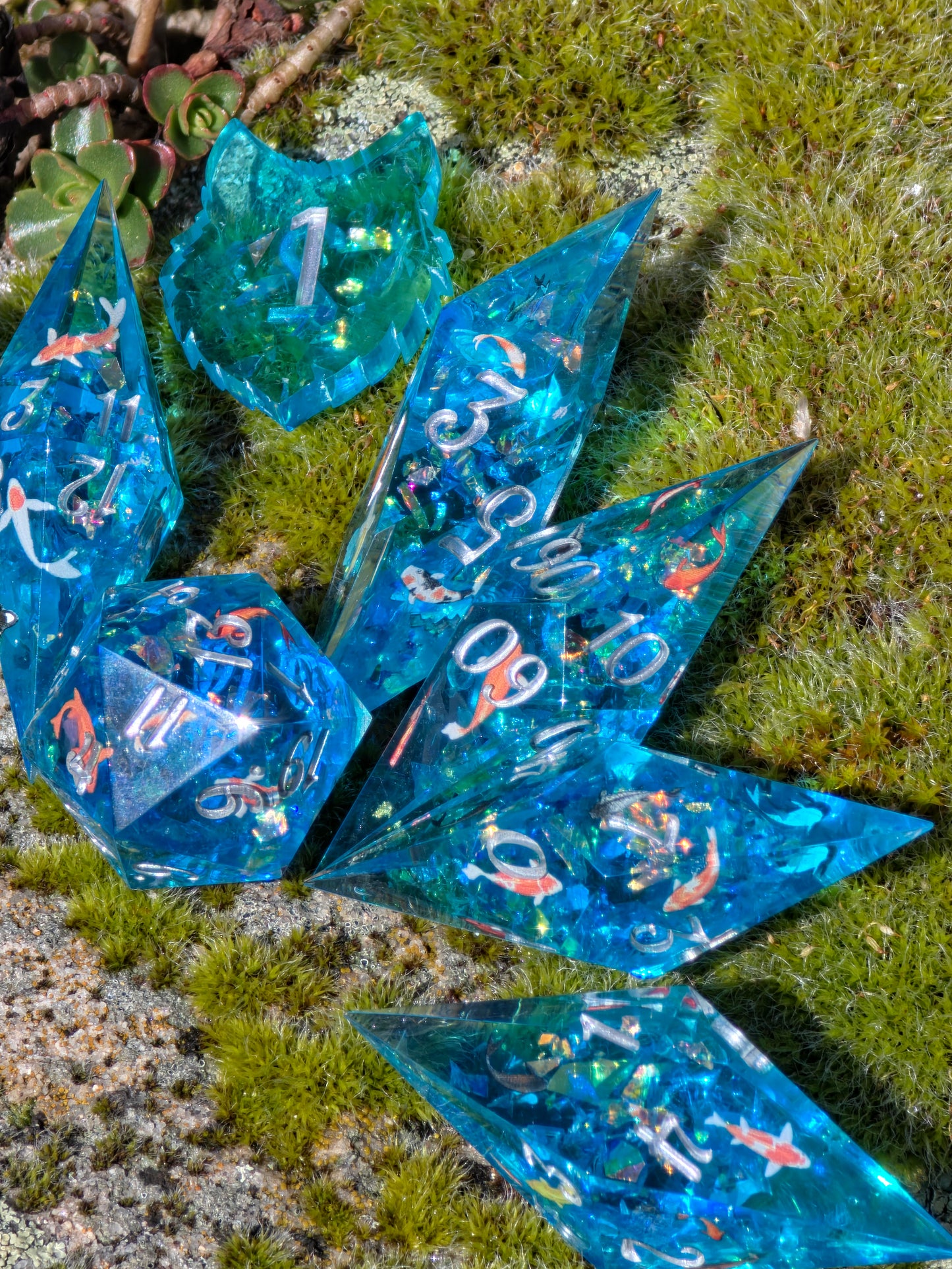 Koi Pond Dice Set – Japanese Koi Fish Resin Dice , Elongated Sharp Edge DnD Dice Set, Blue Water Fantasy Dice, Handmade TTRPG Dice 8pc
