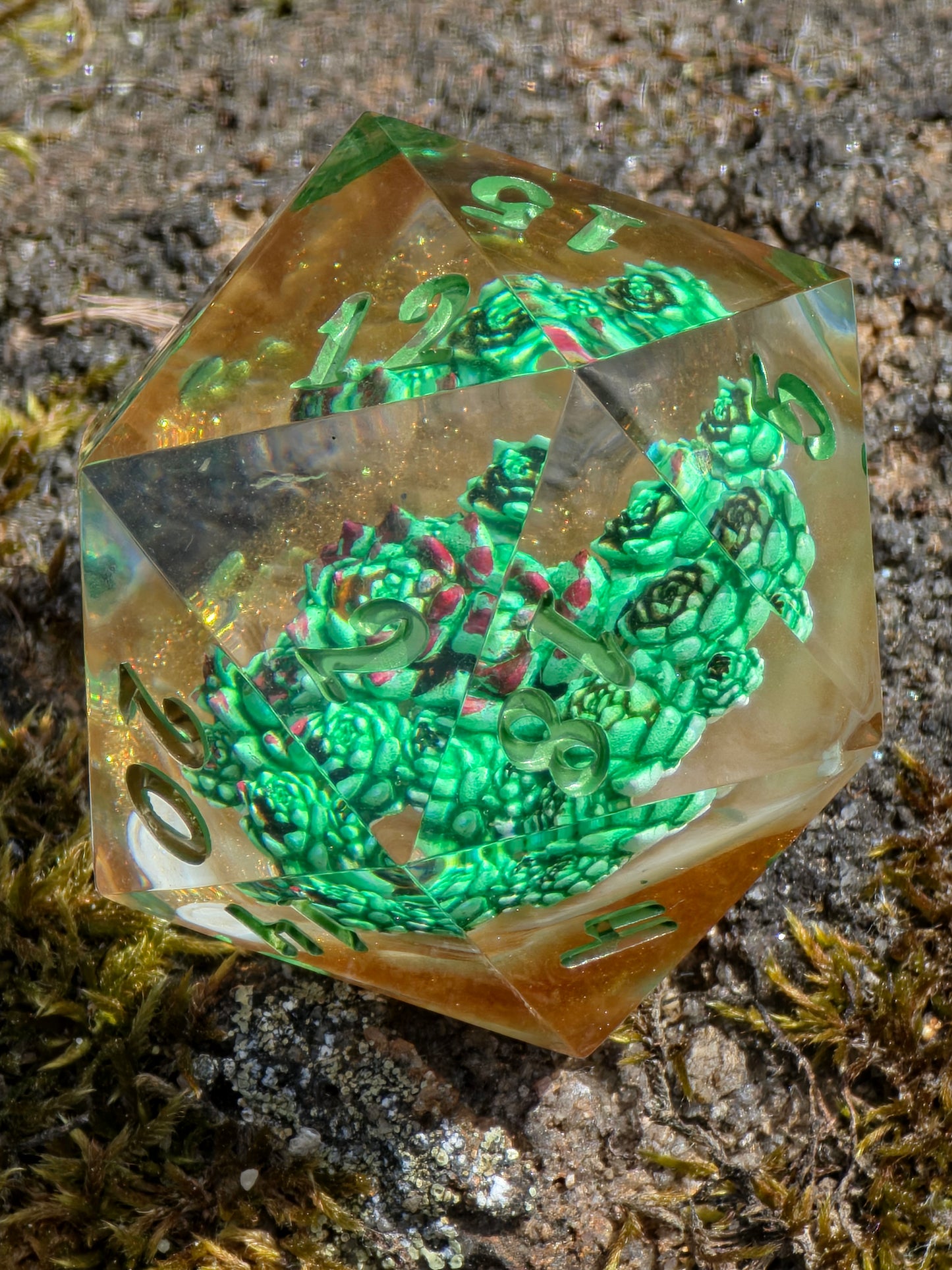 D20 Dice 40mm Succulent – Large Handmade Resin Dice, Green Gold DnD Dice, Premium RPG Single Die