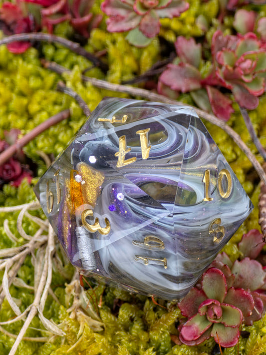 Chonk D20 "Riftblade Echo" - 35mm Resin Die with Light Blade & Dimensional Mist, Gold Numbers | Handmade TTRPG Dice