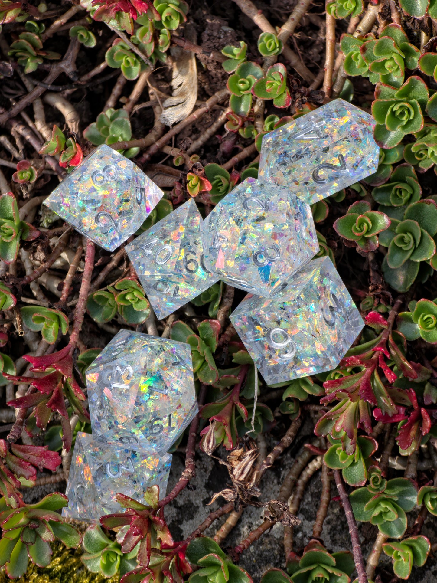 Iridescent Opal Dice Set – Clear Resin DnD Dice with Rainbow Flakes, Prism Light Effect, Sharp Edge Fantasy Dice, Handmade TTRPG Set