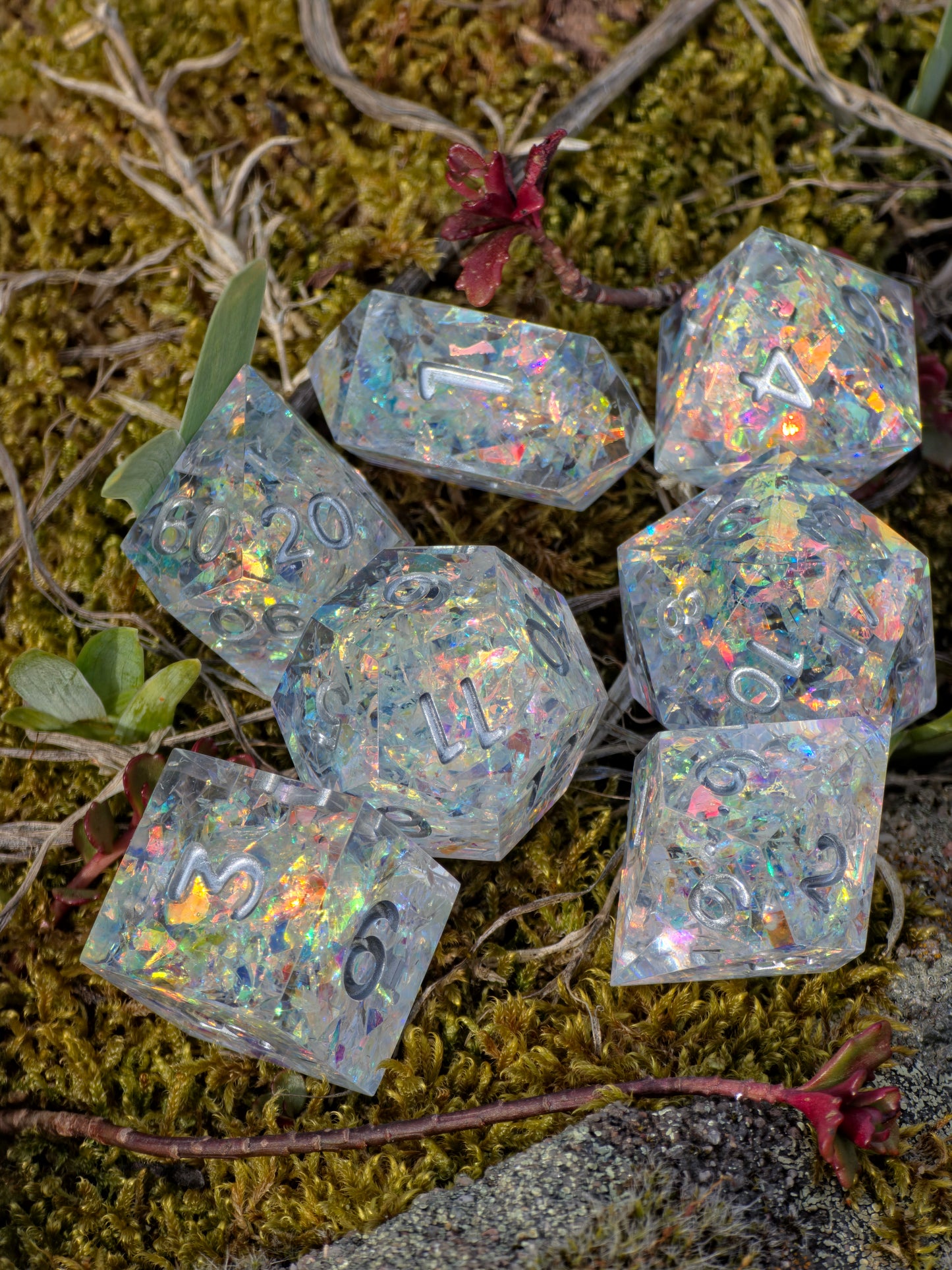 Iridescent Opal Dice Set – Clear Resin DnD Dice with Rainbow Flakes, Prism Light Effect, Sharp Edge Fantasy Dice, Handmade TTRPG Set