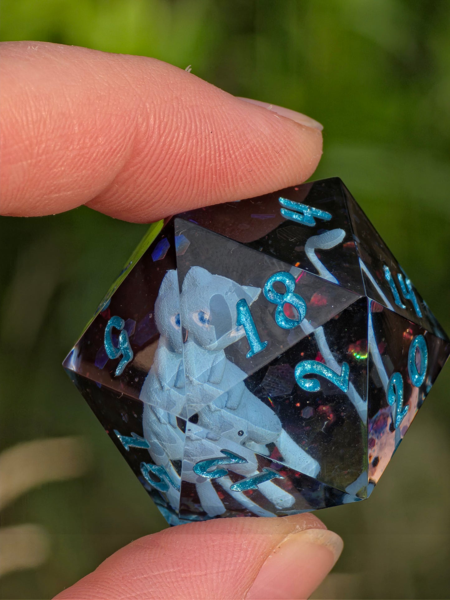 Shiny Mew's Stardust Shiny Mew D20 35mm – Pokémon Inspired Handmade Resin Dice | Custom Sharp Edge Chonk D20 for DnD, RPG & Collectors