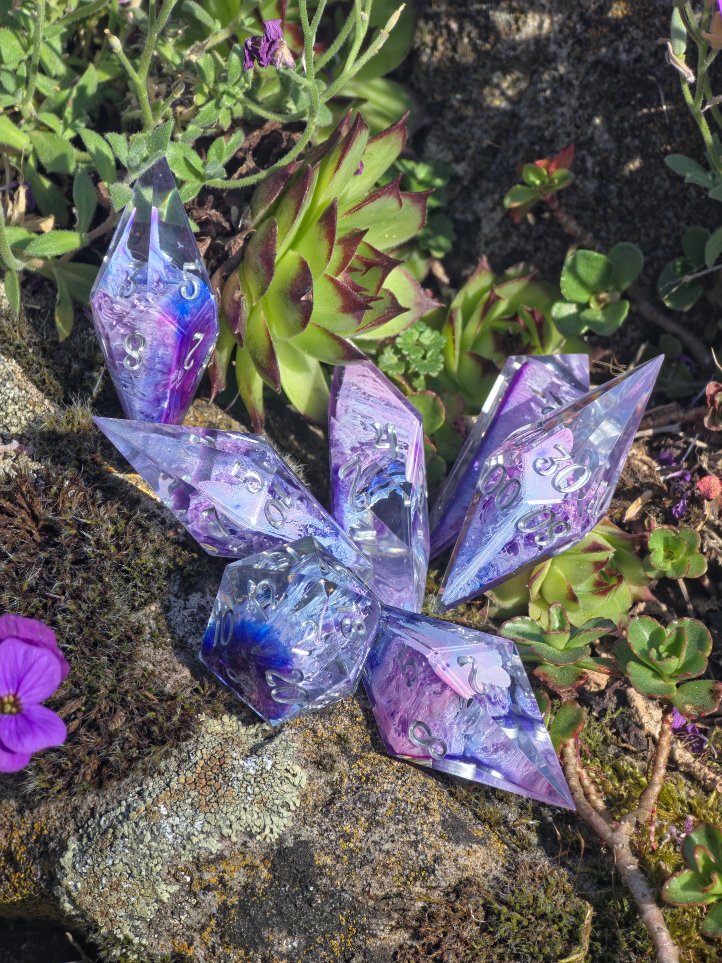 Aether Bloom Elongated Petri Dice Set – Handmade Resin Dice, Purple Blue Petri Effect, Unique Long Dice, DnD Dice, Collector Dice