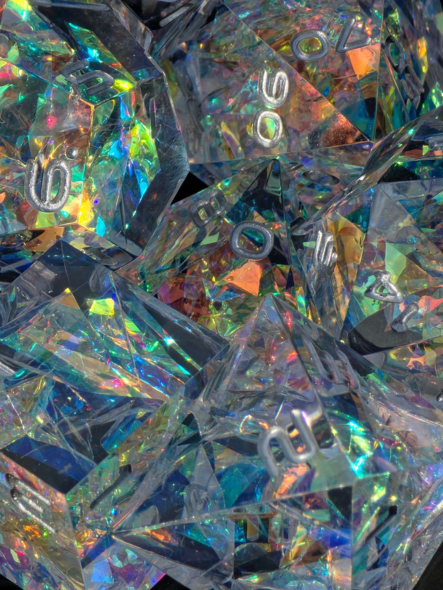 Prismatic Aether – Crystal Fragment of First Magic | Holographic Rainbow Dice Set | Handmade Resin D&amp;D Dice | Clear &amp; Iridescent
