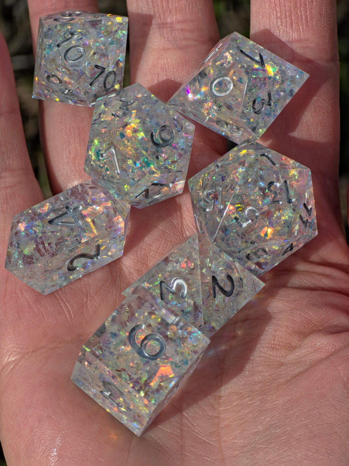 Iridescent Opal Dice Set – Clear Resin DnD Dice with Rainbow Flakes, Prism Light Effect, Sharp Edge Fantasy Dice, Handmade TTRPG Set