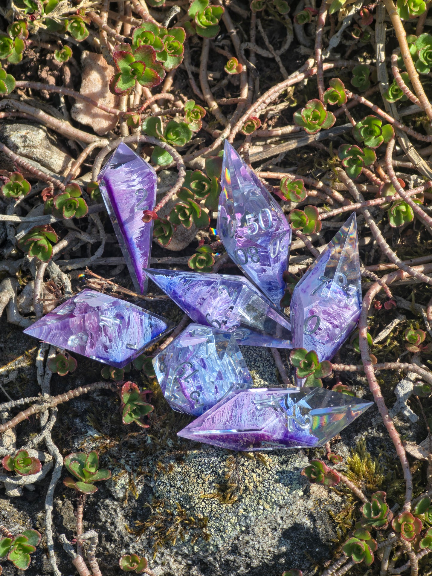 Aether Bloom Elongated Petri Dice Set – Handmade Resin Dice, Purple Blue Petri Effect, Unique Long Dice, DnD Dice, Collector Dice
