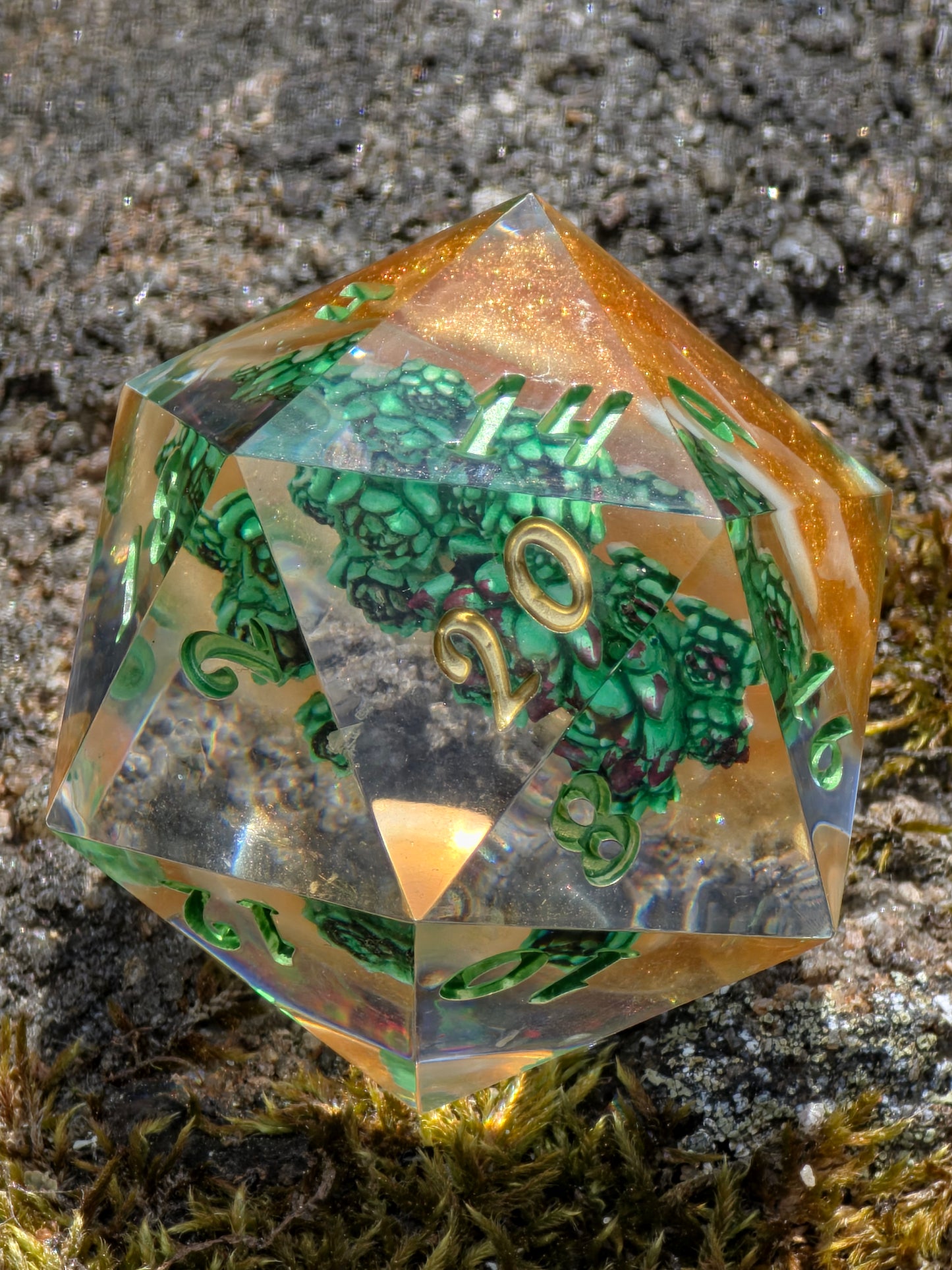 D20 Dice 40mm Succulent – Large Handmade Resin Dice, Green Gold DnD Dice, Premium RPG Single Die