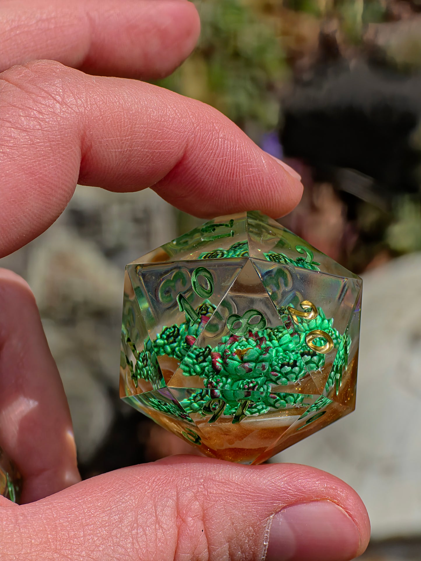 D20 Dice 40mm Succulent – Large Handmade Resin Dice, Green Gold DnD Dice, Premium RPG Single Die