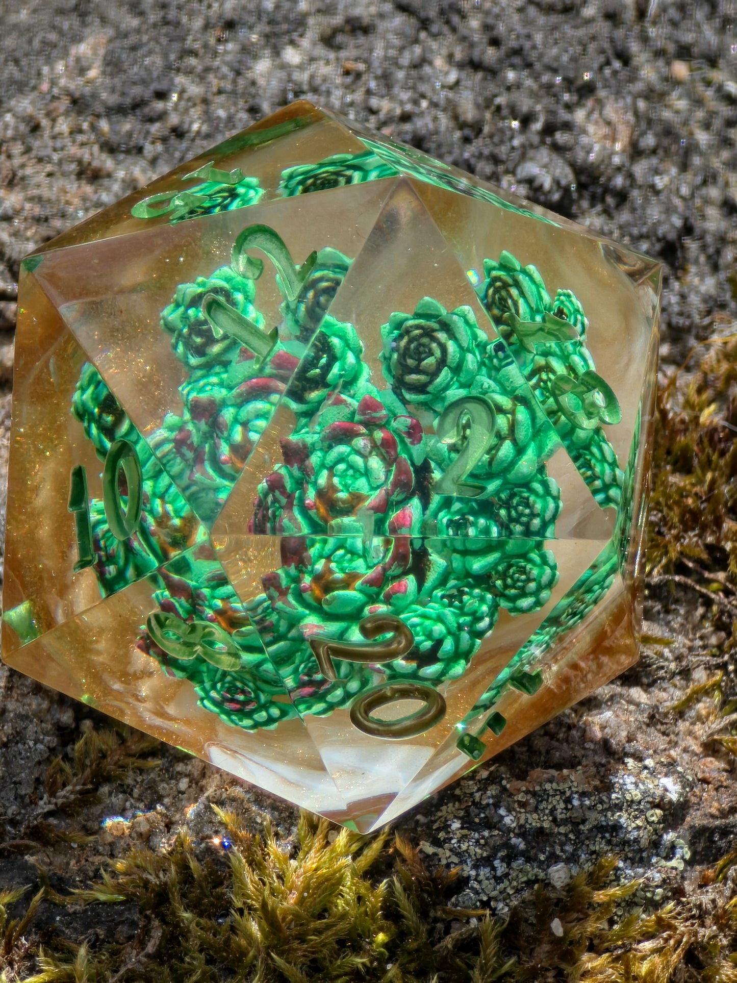 D20 Dice 40mm Succulent – Large Handmade Resin Dice, Green Gold DnD Dice, Premium RPG Single Die