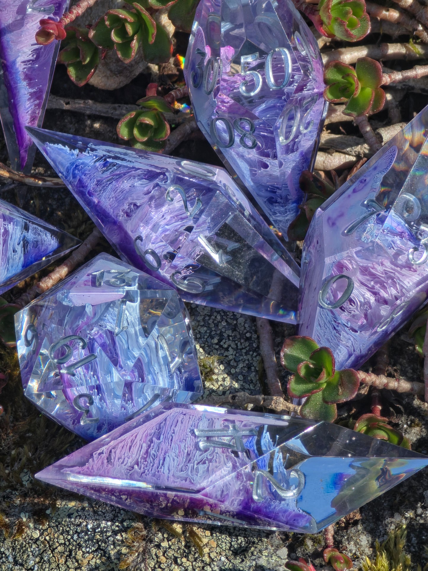 Aether Bloom Elongated Petri Dice Set – Handmade Resin Dice, Purple Blue Petri Effect, Unique Long Dice, DnD Dice, Collector Dice