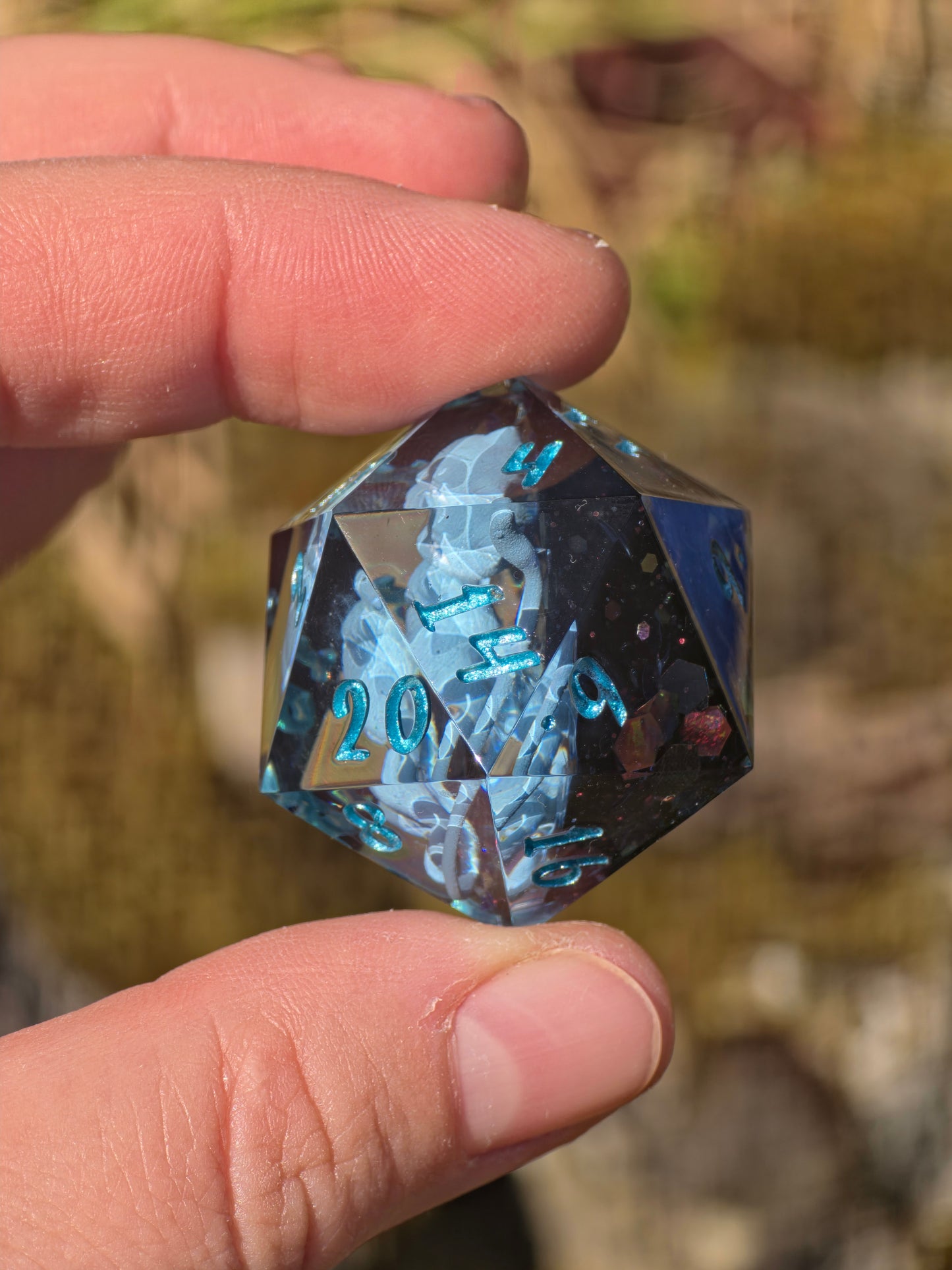Shiny Mew's Stardust Shiny Mew D20 35mm – Pokémon Inspired Handmade Resin Dice | Custom Sharp Edge Chonk D20 for DnD, RPG & Collectors