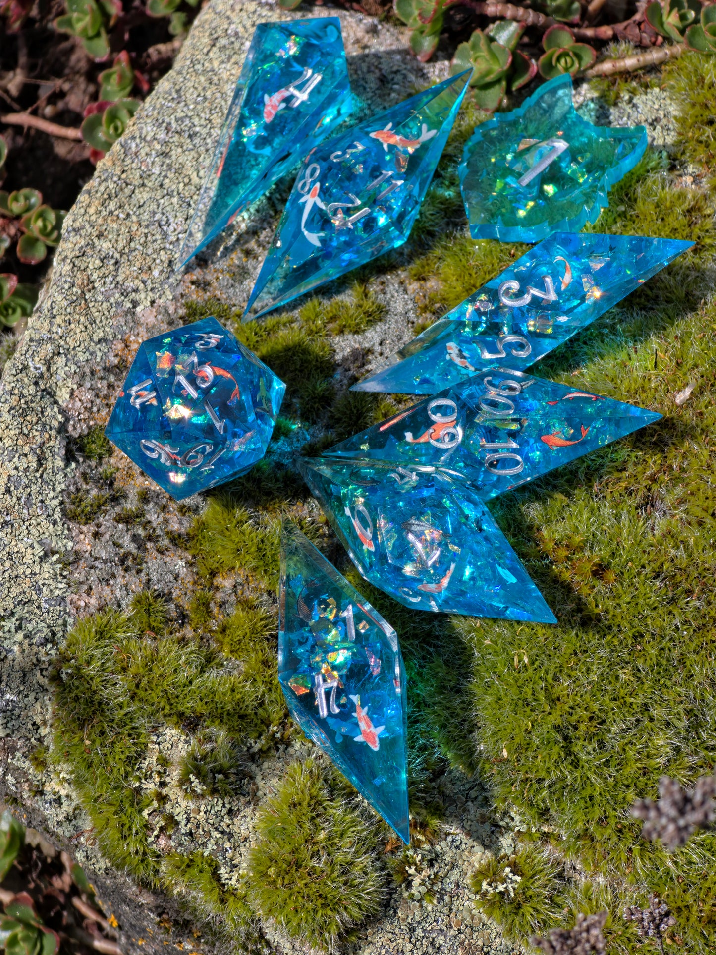 Koi Pond Dice Set – Japanese Koi Fish Resin Dice , Elongated Sharp Edge DnD Dice Set, Blue Water Fantasy Dice, Handmade TTRPG Dice 8pc