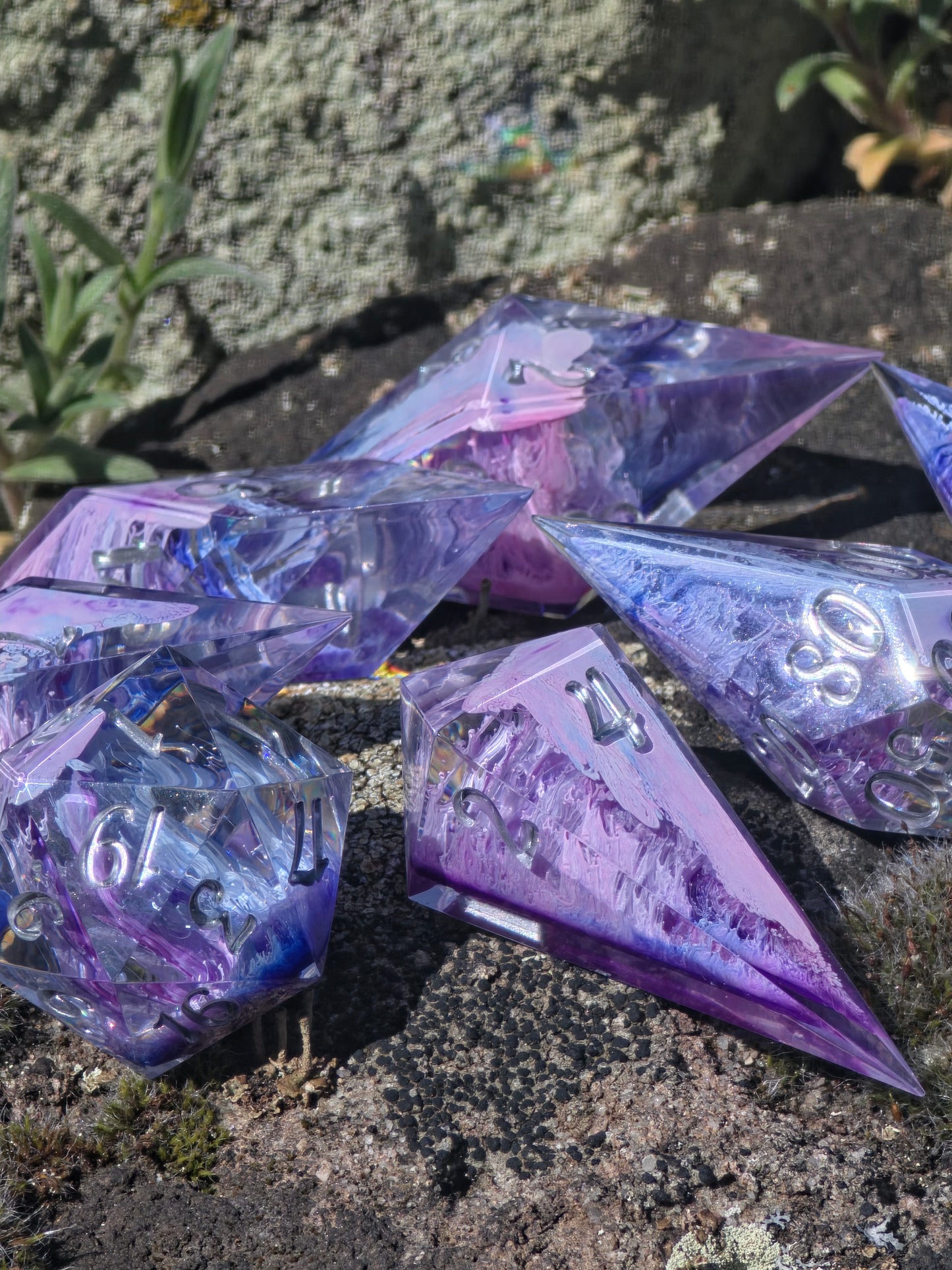Aether Bloom Elongated Petri Dice Set – Handmade Resin Dice, Purple Blue Petri Effect, Unique Long Dice, DnD Dice, Collector Dice