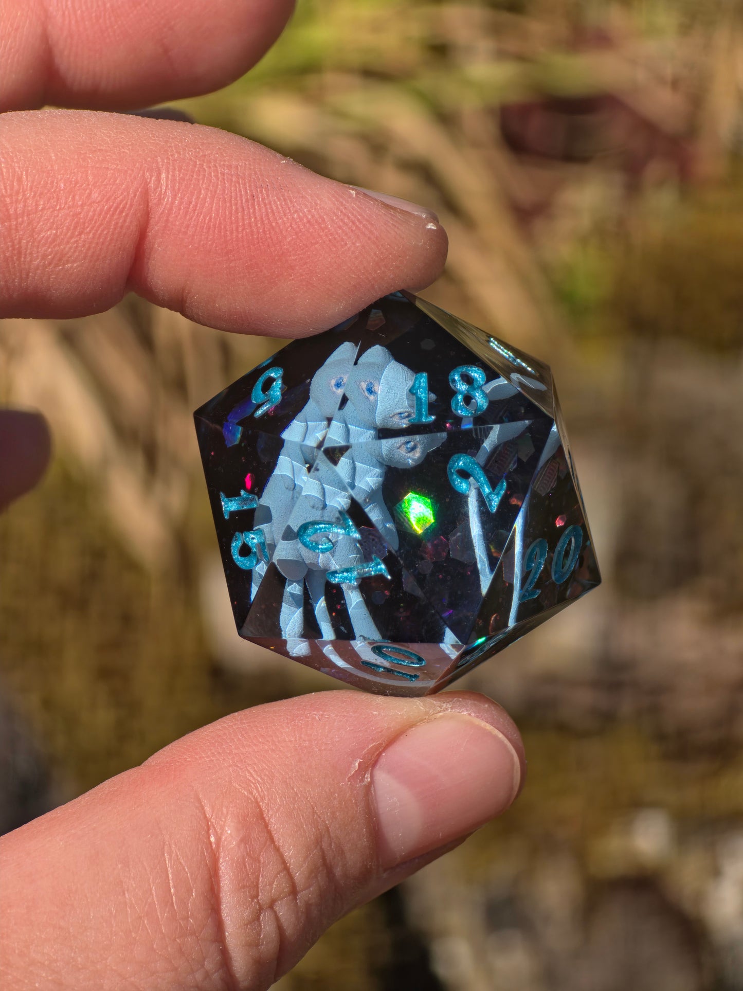 Shiny Mew's Stardust Shiny Mew D20 35mm – Pokémon Inspired Handmade Resin Dice | Custom Sharp Edge Chonk D20 for DnD, RPG & Collectors