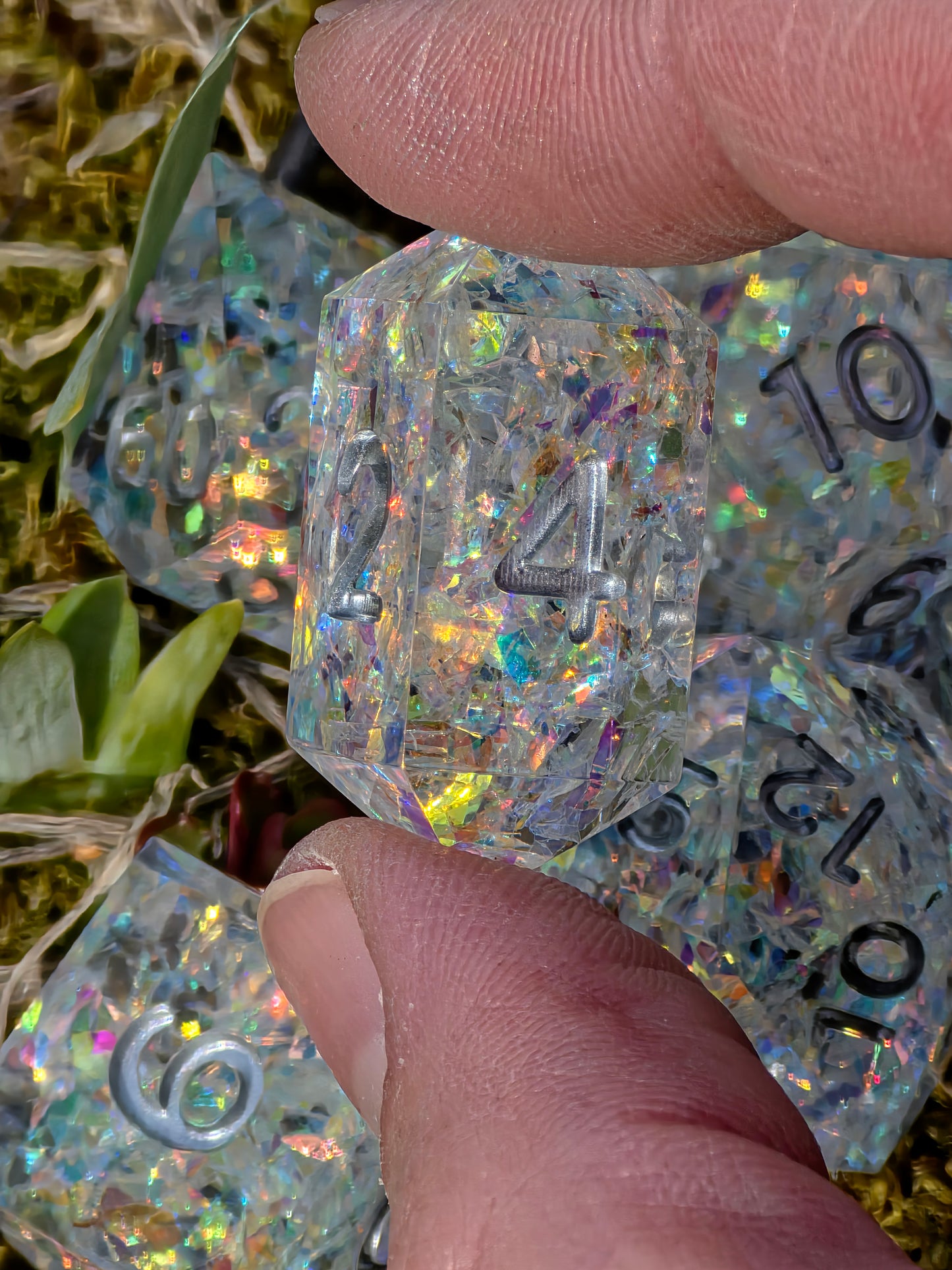 Iridescent Opal Dice Set – Clear Resin DnD Dice with Rainbow Flakes, Prism Light Effect, Sharp Edge Fantasy Dice, Handmade TTRPG Set