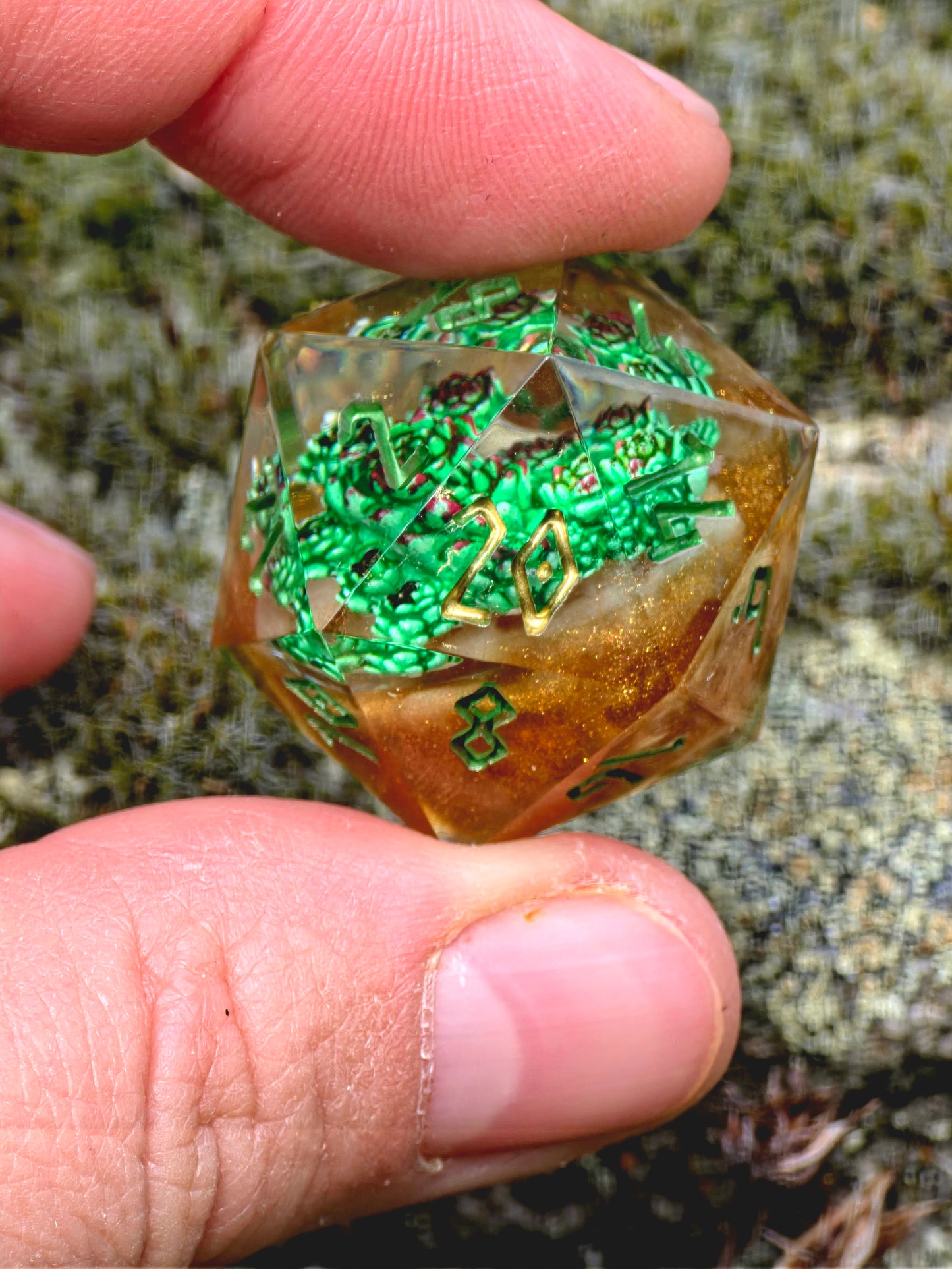 DnD Würfel Set Succulenten – Handgemachte Resin Würfel, Grün Gold Dice, Fantasy Würfel Set, RPG Dice,Mini succulent inserts, Nature