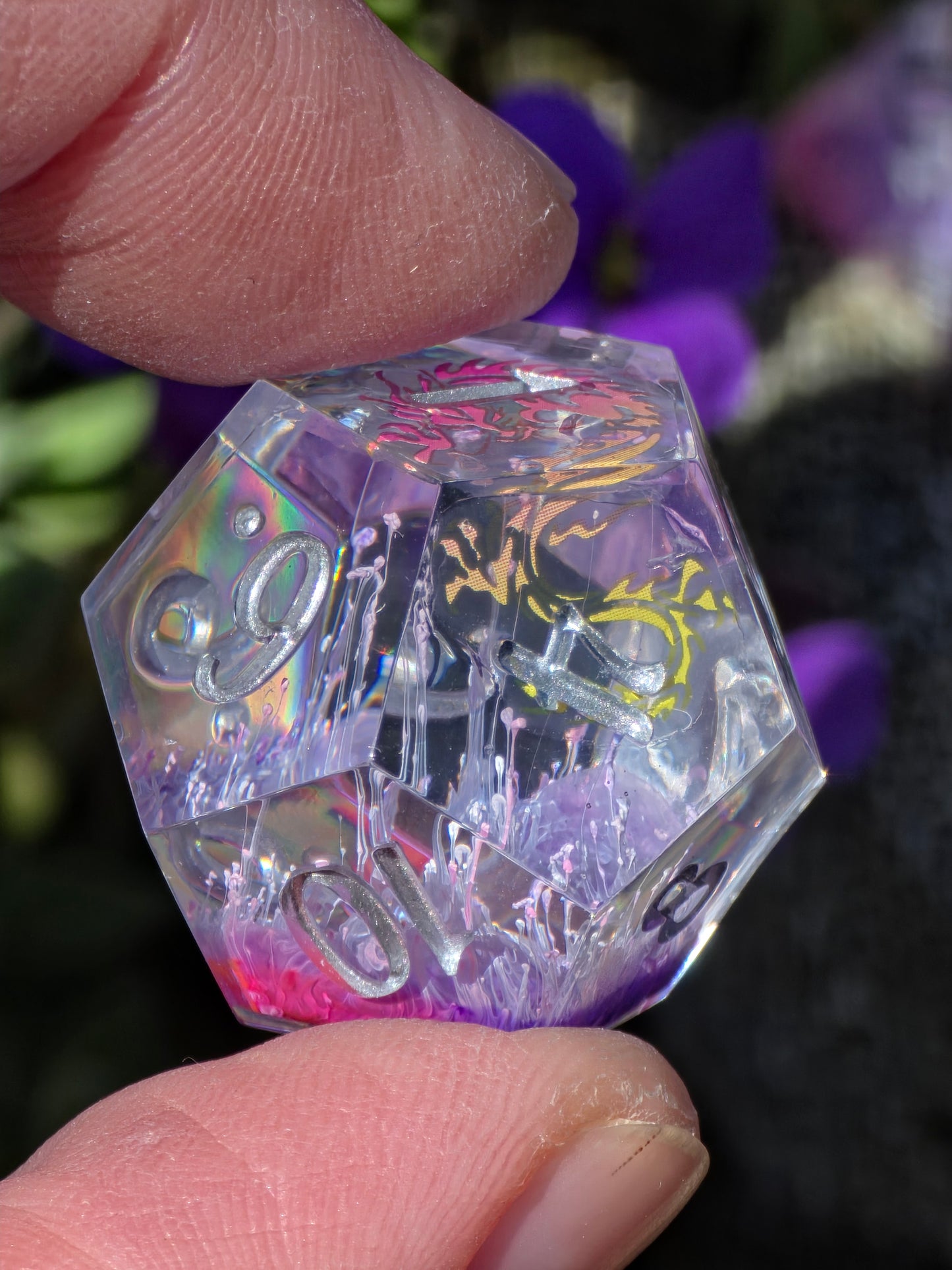 Fantasy Dragon Dice Set – Purple Pink Petri Resin Dice with Dragon Inside, Sharp Edge DnD Dice, Handmade TTRPG Dice