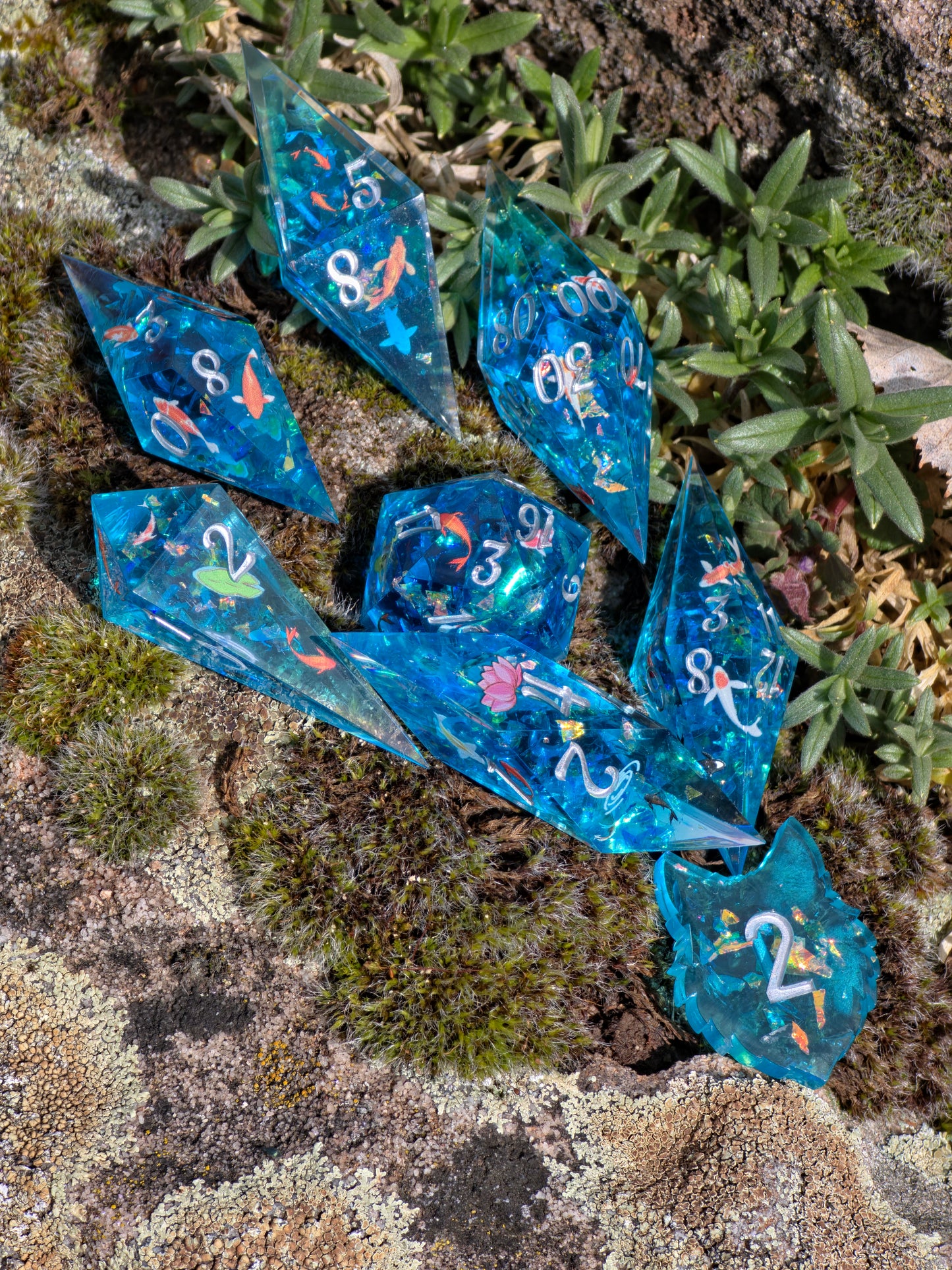 Koi Pond Dice Set – Japanese Koi Fish Resin Dice , Elongated Sharp Edge DnD Dice Set, Blue Water Fantasy Dice, Handmade TTRPG Dice 8pc