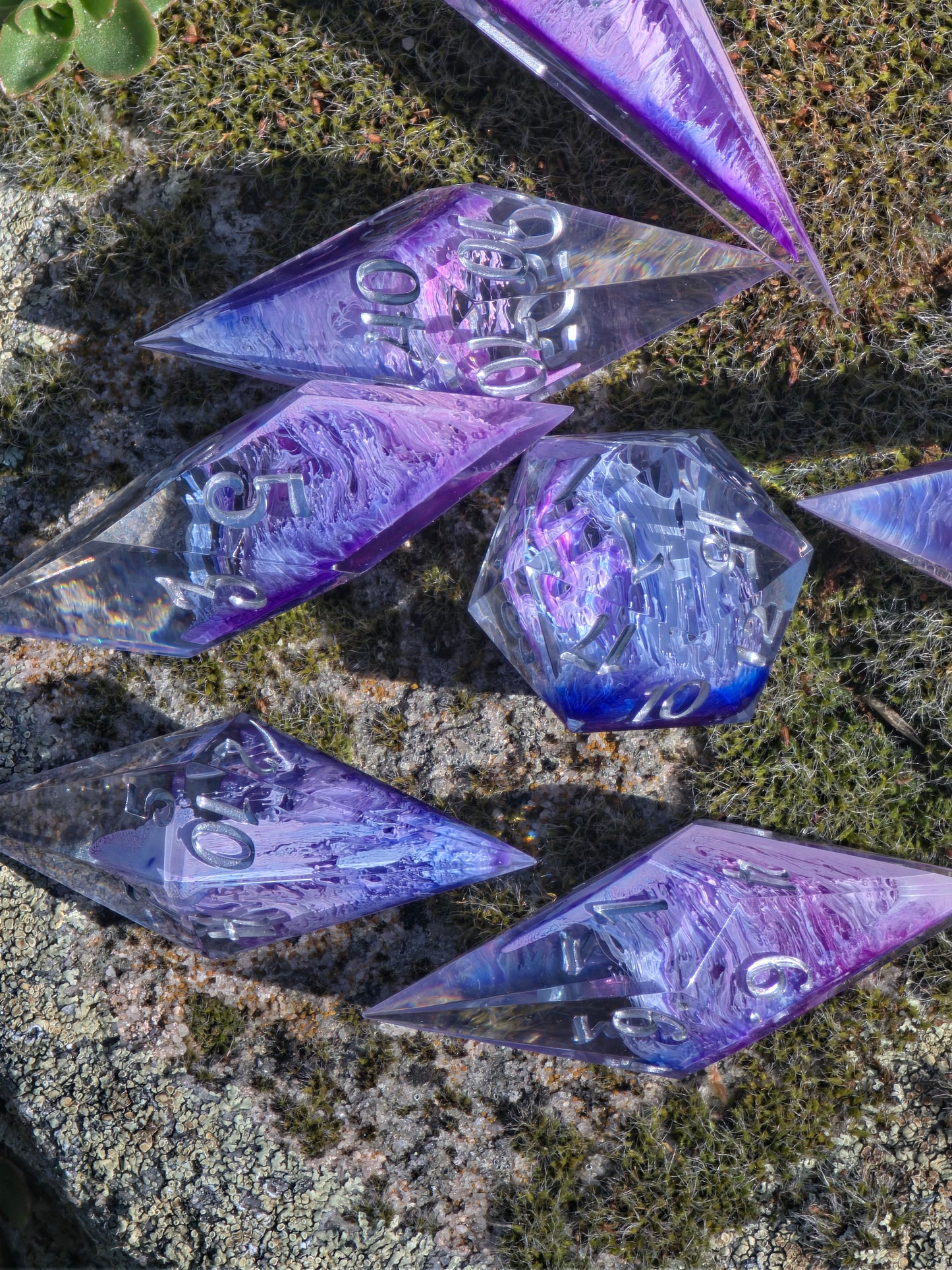 Aether Bloom Elongated Petri Dice Set – Handmade Resin Dice, Purple Blue Petri Effect, Unique Long Dice, DnD Dice, Collector Dice
