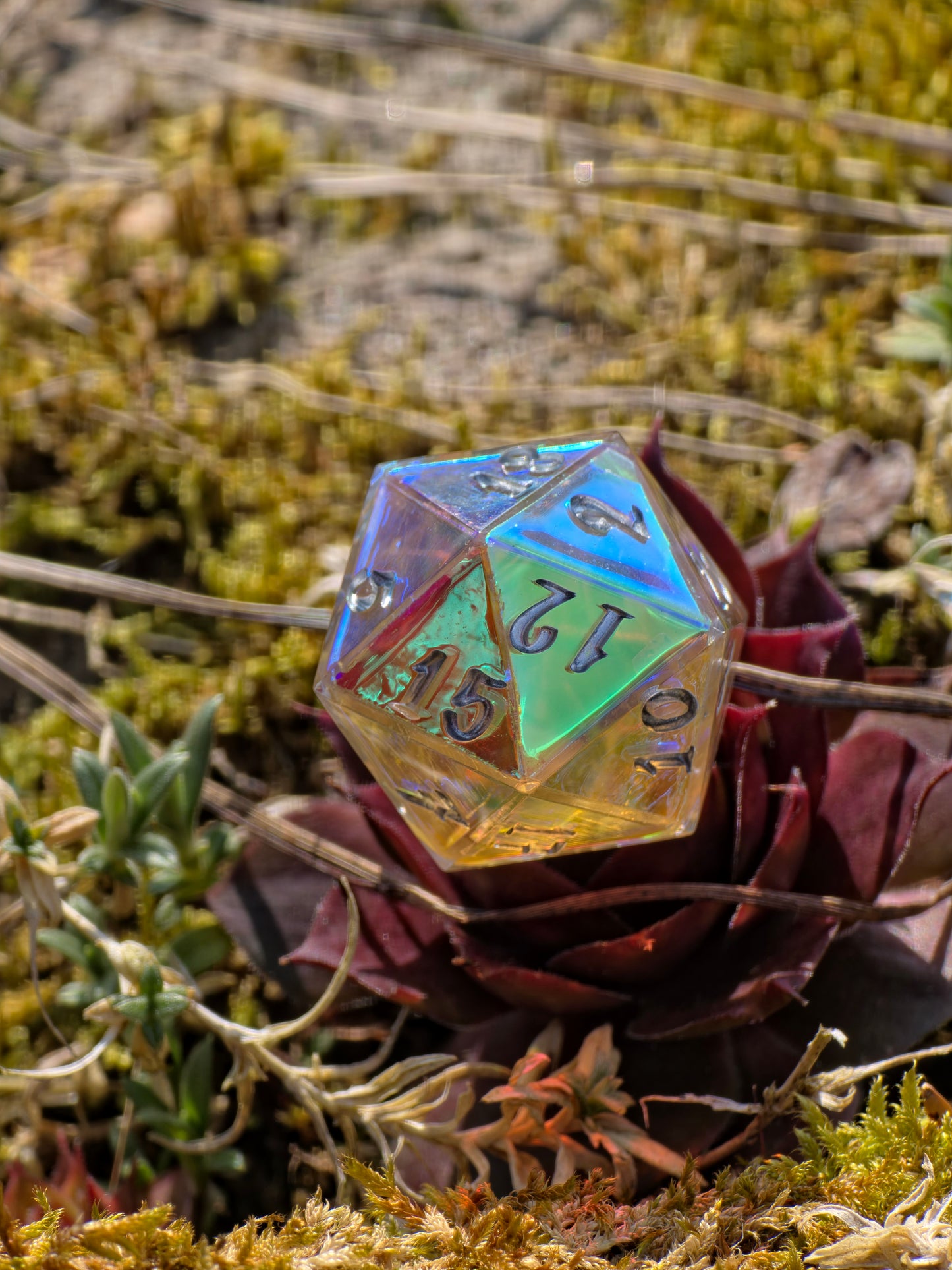D20 Dice „Prismatic Light“ – Handmade Resin D20, Iridescent Rainbow Effect, Clear Dice with Silver Numbers | Artisan TTRPG Dice
