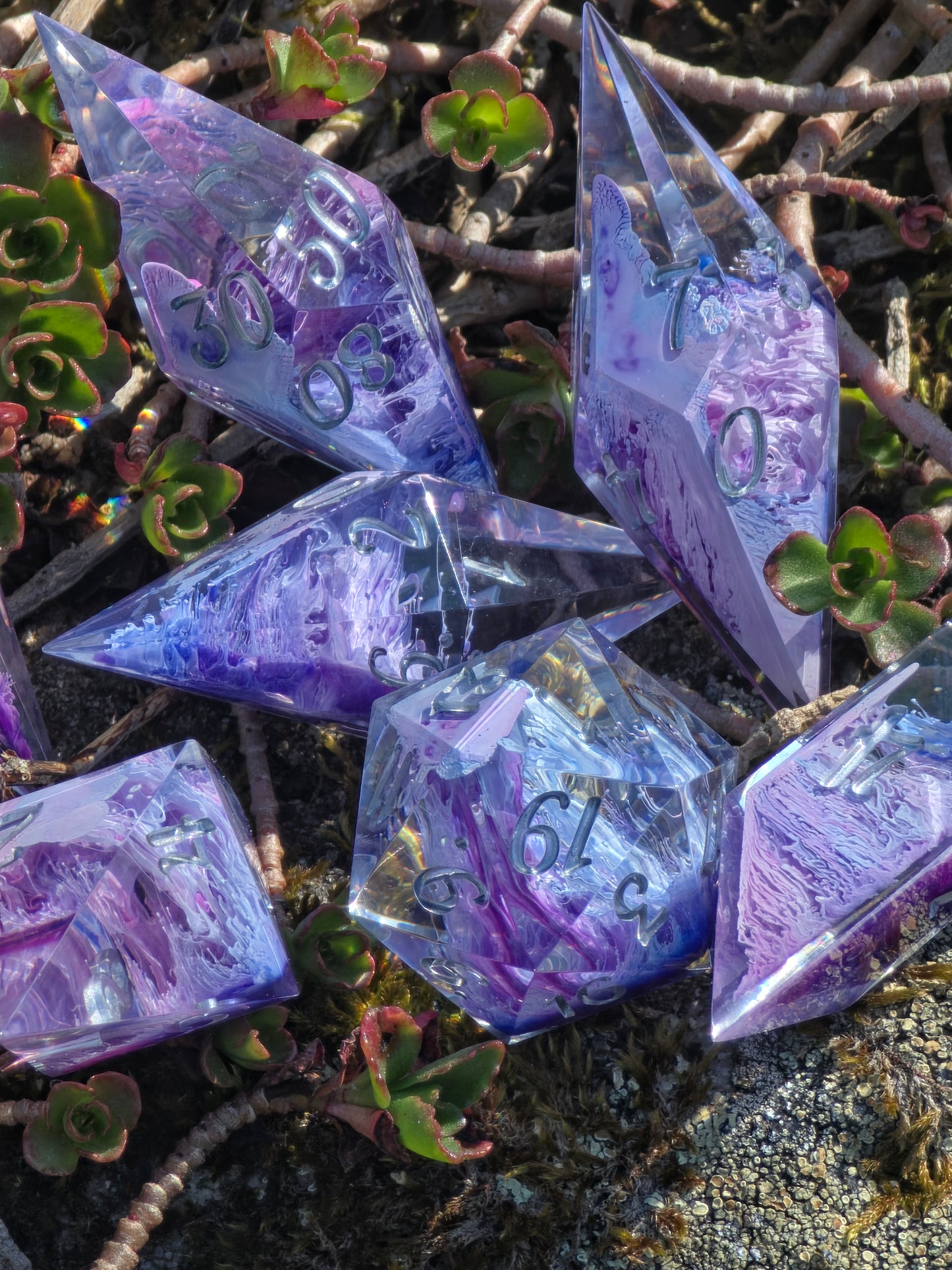 Aether Bloom Elongated Petri Dice Set – Handmade Resin Dice, Purple Blue Petri Effect, Unique Long Dice, DnD Dice, Collector Dice