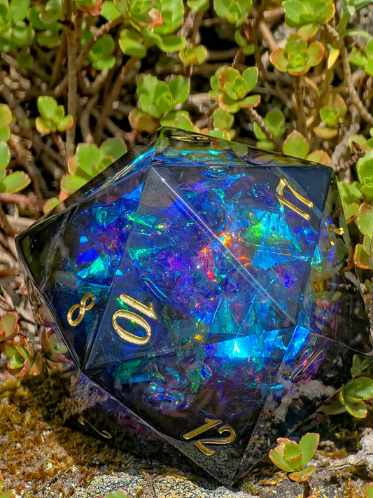 Voidheart Opal - Black Opal with Lilac Splash – 65 mm Chonk D20, Handmade Sharp Edge Resin Dice (Lio)