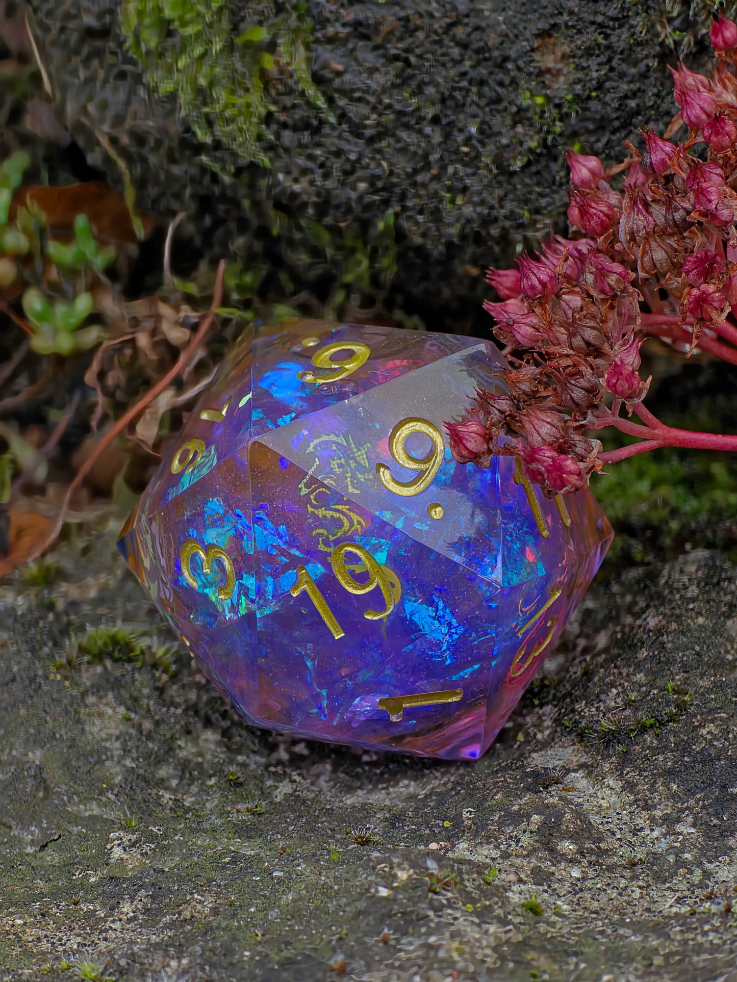 Polyedrischer Chonk D20 Liquid Core Dice 35 mm – Dragon Spirit Edition | Handgemachter Resin Würfel mit Drachen & Galaxy Look | DnD Dice
