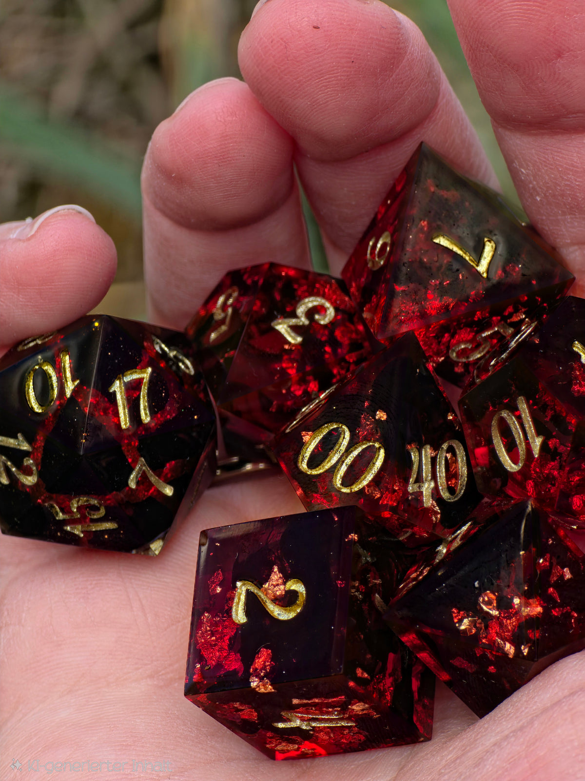 Crimson Inferno – Heart of the Volcano Ruby Lava Geode Würfelset – 7-teiliges DnD Dice Set | Rubinrote Resin Würfel mit Gold & schwarzen Wirbeln | Handmade Fantasy Dice