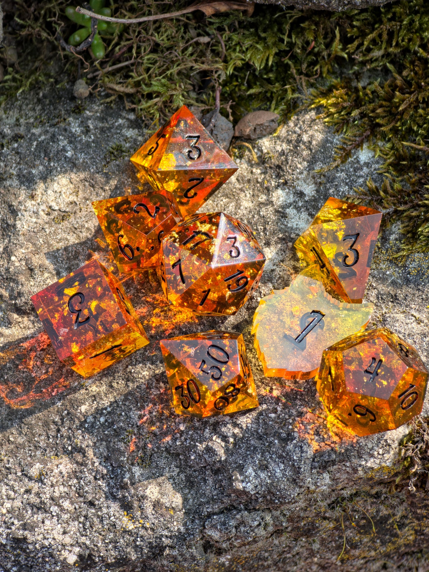 Amber Dice Set "Golden Resin Amber" - 8 Dice Set with Gold Flakes, Honey Amber Effect | Black Numbers | Handmade Sharp Edge TTRPG Dice