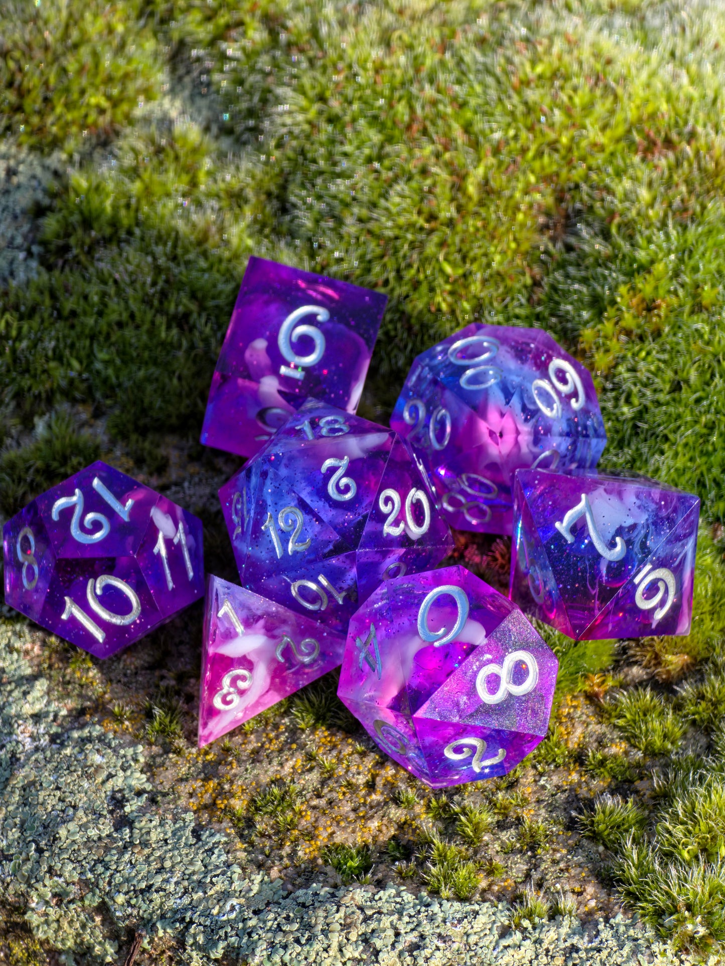 Nebula Heart Galaxy – Polyhedral Dice Set | Pink-Purple-Blue Galaxy &amp; Cloud Petri Effect | Resin D&amp;D Dice Set with Silver Numbers | Handmade