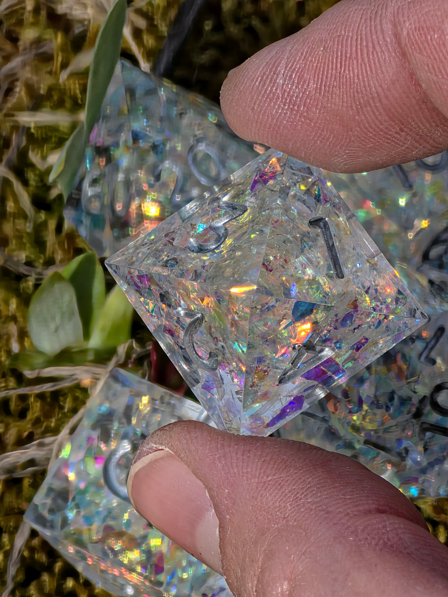 Iridescent Opal Dice Set – Clear Resin DnD Dice with Rainbow Flakes, Prism Light Effect, Sharp Edge Fantasy Dice, Handmade TTRPG Set