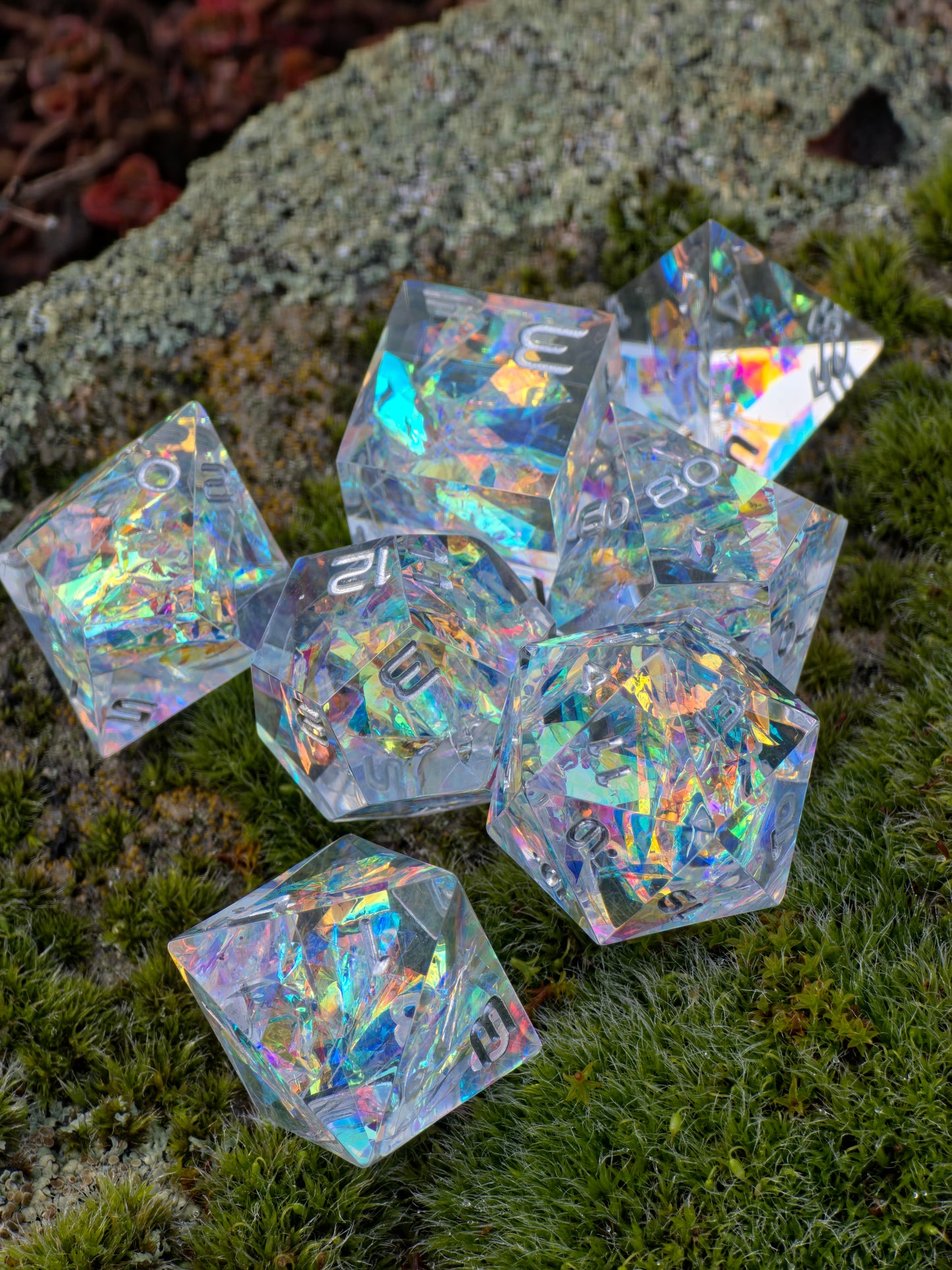 Prismatic Aether – Crystal Fragment of First Magic | Holographic Rainbow Dice Set | Handmade Resin D&amp;D Dice | Clear &amp; Iridescent