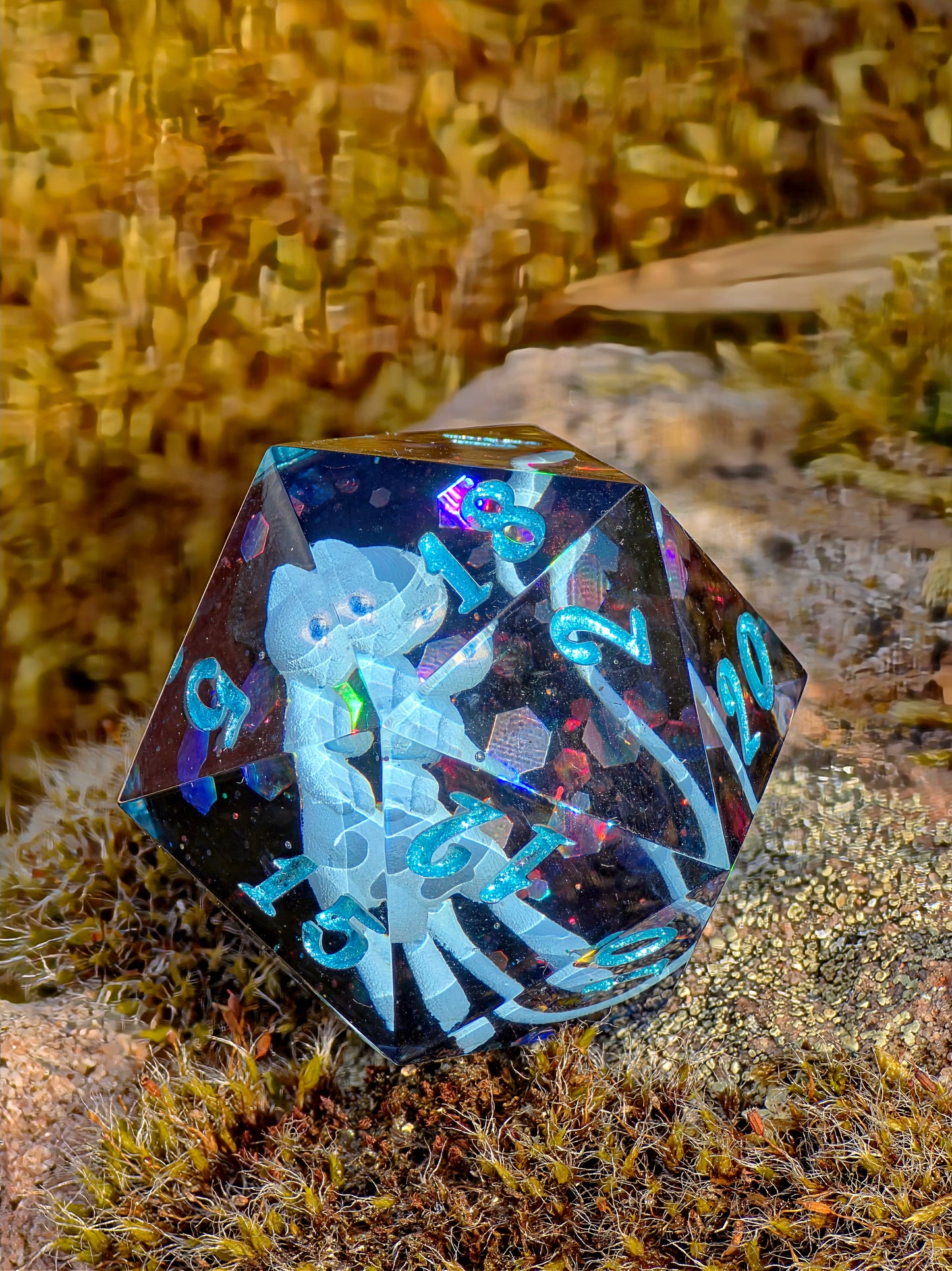 Shiny Mew's Stardust Shiny Mew D20 35mm – Pokémon Inspired Handmade Resin Dice | Custom Sharp Edge Chonk D20 for DnD, RPG & Collectors