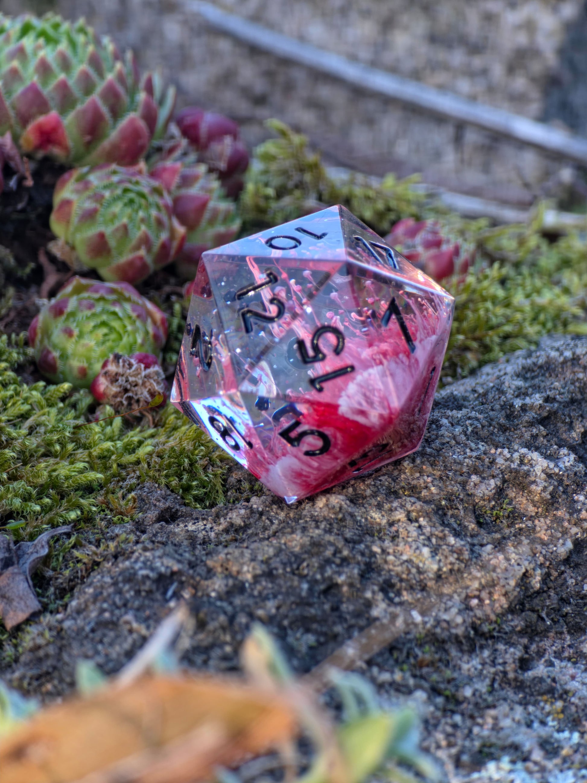„Petri D20 Mushroom“ in der Hand – zeigt Tiefe, Transparenz und feine Petri-Muster.  
“Petri D20 Mushroom” held in hand – shows depth, transparency and fine Petri patterns.