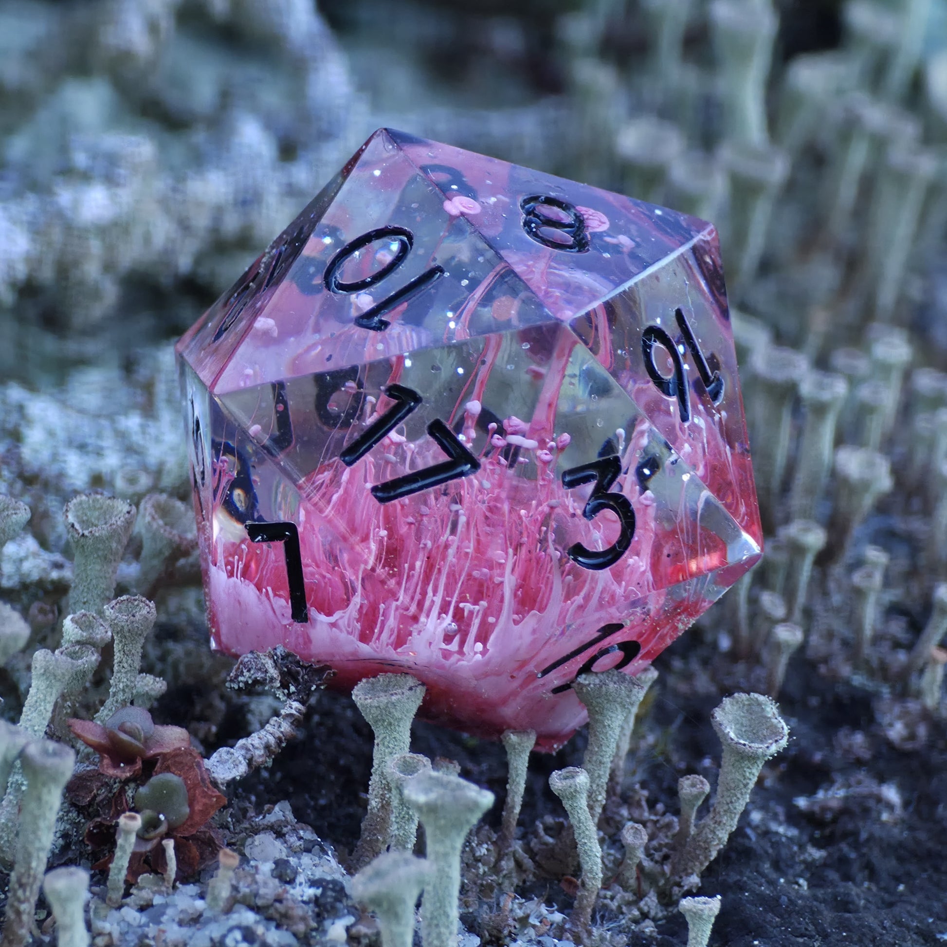 Handgemachter D20 „Petri Mushroom“ – roter und weißer Würfel mit Pilz-Effekt.  
Handmade D20 “Petri Mushroom” – red and white resin die with mushroom effect.