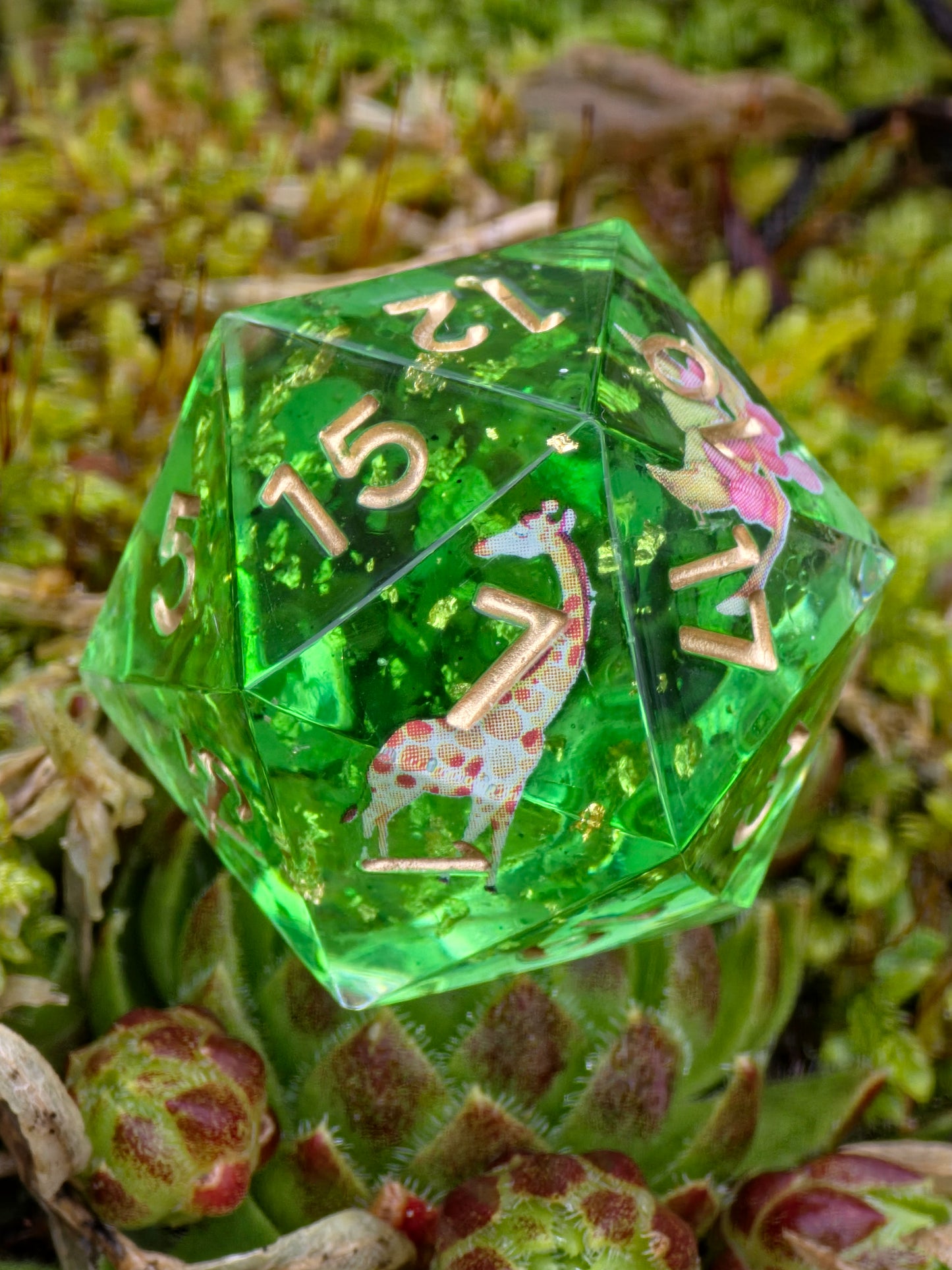 Handgemachter D20 Resinwürfel „Tropical Habitat“ mit Miniatur-Tieren, Palmen und tropischem Grün – inspiriert vom Regenwald.  
Handmade D20 resin die “Tropical Habitat” with miniature animals, palm trees and tropical green – inspired by the rainforest.